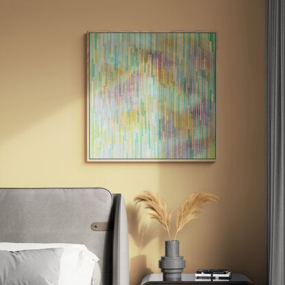 pastel background with splashes of vermilion, covered in small brush strokes in a veneer covering the canvas in pale greens and lemons, creating a calming and meditative large scale work.