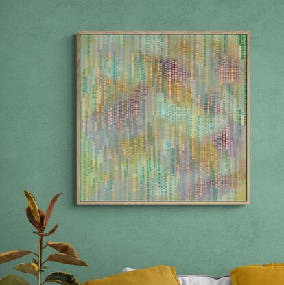 pastel background with splashes of vermilion, covered in small brush strokes in a veneer covering the canvas in pale greens and lemons, creating a calming and meditative large scale work.