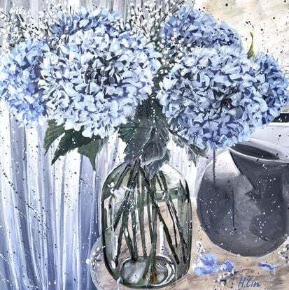 Sunlight Dancing - Blue Hydrangea and Baby's Breath in Green Glass Vase
71 x 71 x 3.75 cm
01/08/2024
By HSIN LIN
<br>
Artist Acrylic on Acid-free canvas. Painted with palette knife and brushes.
Sealed with clear spray varnish. Side panels painted.
Signed at the front and ready to hang.
Comes with a certificate of authenticity.
<br>
Affirmation: Today brings the illumination of our hope. The Better day is today. 
<br>
To experience the seasons, it has become a routine of mine to paint the first bloom around my surroundings, during its flowering season. This is my depiction of a gorgeous Hydrangea arrangement I encountered during my visit to Dandenong Ranges on a sunny afternoon. 
Sunlight came in from the window formed a warm yellow halo, illuminating the Hydrangea flowers which placed in a green oval glass vase, the light grey curtain swung along with the breeze slightly, and time froze on that magical moment.
<br>
Hydrangea symbolizes Heartfelt and honest emotions, reunion, abundance and prosperity. With its wooden stems and lacy, star-shaped flowers packed together in a pompom. The blossoms are treasured for both their grace and delicacy and are the flower symbol of the fourth wedding anniversary. Blue hydrangea symbolizes gratitude and understanding for someone else.
<br>
Gypsophila paniculata, also known as the baby's breath, common gypsophila or panicled baby's breath, is a species of flowering plant in the family Caryophyllaceae.
In the language of flowers, Baby's breath flower stands for sincerity, purity, and love. It also symbolizes innocence, making it an excellent gift for baby showers and many other occasions.
<br>
Flowers always bloom in their own time without competing with other flowers. May we all bloom in our time in the best season. Hope you enjoy this artwork of mine.
- WILD BOTANICAL ABSTRACT SERIES BY HSIN LIN-
Artwork inspired by nature in Dandenong Ranges, Australia, Winter 2024. -HSIN LIN