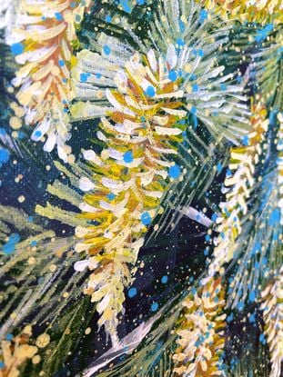 Summer Escape- Pine-leaved Geebung (Persoonia Pinifolia)
51 x 41x 1.5 cm
28/02/2024
By HSIN LIN
Acrylic on Acid-free canvas.
Sealed with clear spray varnish. Side panels painted.
Signed at the front and ready to hang.
Comes with a certificate of authenticity.
<br>
To experience the seasons, it has become a routine of mine to paint the first bloom around my surroundings, during its flowering season. This artwork was inspired by my visit to the Royal Botanic Garden in Cranbourne. I was drawn immediately to this beautiful, large native shrub in full bloom in the flowering season.  I love every detail of it, from the terminal racemes of small flowers in bright yellow that shine beautifully under the sun, to the long, narrow pine-like leaves.
<br>
Persoonia pinifolia, a species of the Proteaceae family, is an attractive large shrub with large spikes of bright, vivid yellow flowers and pine-like foliage, native to New South Wales, Australia.
Pine-leaved Geebung normally flowering from mid-summer to autumn, it grows into a dense shrub that birds can take refuge in. Persoonia pinifolia loves well-drained acid soil, prefers a sunny position or one with partial shade, and tolerates reasonably heavy frosts.
This is a rare sight to see as it can be difficult to propagate somehow. This is why it was a nice surprise that I encountered the Pine-leaved Geebung in its flowering season during my visit to the garden.
<br>
Affirmation – Do your best, all your perseverance and effort will turn into a fruitful harvest.
<br>
Flowers always bloom in their own time without competing with other flowers.
May we all bloom in our time in the best season. Hope you enjoy this artwork of mine.
-WILD BOTANICAL ABSTRACT SERIES By HSIN LIN-
Artwork inspired by nature in Royal Botanic Garden, Cranbourne, Australia, Summer 2024. -HSIN LIN
<br>
[Solo Exhibition]
*2 -  30 June 2024 - HSIN LIN Solo Exhibition - The First Bloom - at Mackley gallery, Victorian Artists Society.