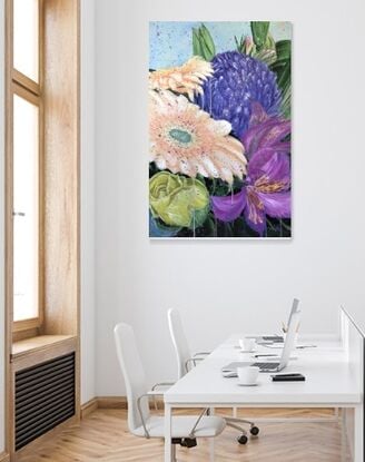 <br>
Sun Shines Brighter When I Am with You – Gerbera, Chrysanthemum, Alstroemeria and Yellow Rose.
By HSIN LIN
<br>
01/04/2020
Artist Acrylic on canvas. Artwork painted extend to sides.
Metallic Gold paint are used. It actually shines beautifully when you look at the physical painting.
Sealed with clear varnish spray. Signed and ready to hang. Comes with certificate of authenticity.
91.4 x 60.8 x 3.5 cm
<br>
Affirmation – Let’s not lose hope.
<br>
Gerbera Daisies are strong perennial plants with a delightful flower’s message.
The flowers symbolized happiness and gratefulness for the life you have been given.
They are a celebration of life. The Egyptian believed that the gerbera would lessen the sorrows and stresses of everyday life in the old days. It also has a meaning of closeness to nature and devotion to the sun.
<br>
Alstroemeria, also known as Peruvian lily or lily of the Incas, native to South America however some have become naturalized in the United States, Mexico, Australia, and New Zealand.
In 1753 Baron Claus von Alstomer, a Swedish baron, discovered the flower while collecting seeds on a trip to Spain. The Alstroemeria flower was named after him.
This long-lasting flower symbolises devotion and friendship. Alstroemeria is also a symbol of wealth, fortune and prosperity.
<br>
Symbolic of powerful Yang energy, Chrysanthemums are believed to represent longevity, joy and attractant of good luck in the home. If you receive chrysanthemums from someone, it is a symbol of love.
<br>
The beautiful sun-coloured yellow rose can also convey warmth, delight and affection, as well as say good luck, welcome back, and remember me. The yellow rose is the perfect flower for someone who needs a little cheering up.
<br>
-WILD BOTANICAL ABSTRACT SERIES 2020 by H.Lin-
Artwork inspired by nature in Bayswater, Melbourne, Autumn, 2020. -HSIN LIN
<br>
Enjoy the time lapse video of this artwork please visit :
https://youtu.be/1c09Cib04pU
<br>
Solo Exhibitions: 
-11 - 22 Jan 2024 - HSIN LIN Solo Exhibition- Blossoms of Life at VAS McCubbin Gallery. Invited by The Victorian Artists Society.
-7th Feb -8th April 2022 - Bloom Like flowers by HSIN LIN presented by Maroondah City Council | Arts in Maroondah at Maroondah Federation Estate Gallery. (Melbourne, Australia)
- 15th Aug -2nd Sept 2022 - HSIN LIN solo exhibition -WILD BOTANICAL ABSTRACT at Bendigo Bank Art Gallery Carlton.