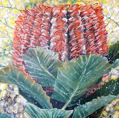 Outshine The Light - Scarlet Banksia and Wattle
71 x 71 x 3.75 cm
09/05/2024
By HSIN LIN
<br>
Artist Acrylic on Acid-free canvas. Painted with palette knife and brushes.
Sealed with clear spray varnish. Side panels painted.
Signed at the front and ready to hang.
Comes with a certificate of authenticity.
<br>
Affirmation: Hope is the light, let there be light.
<br>
To experience the seasons, it has become a routine of mine to paint the first bloom around my surroundings, during its flowering season. This artwork was inspired by a day trip to Sassafras, Victoria. This beautiful Scarlet Banksia lay on top of a bunch of wattle caught my attention.
<br>
Banksia coccinea, native to Western Australia, also known as the scarlet banksia, waratah banksia or Albany banksia, is an erect shrub or small tree in the family Proteaceae. Banksia coccinea plants are killed by bushfire and regenerate from seed.
Banksia symbolizes rebirth and new beginnings. To move on from the past courageously, to have the strength to look forward to tomorrow.
Wattle flower – the symbol of life, renewal and potential. The green and gold are the national colours of Australia, first used in 1899.
<br>
All the native blossoms bloom gloriously like a warming sun. Therefore, I have the title - Outshine the Light, for this particular artwork.
<br>
Flowers always bloom in their own time without competing with other flowers. May we all bloom in our time in the best season. Hope you enjoy this artwork of mine.
- WILD BOTANICAL ABSTRACT SERIES BY HSIN LIN-
Artwork inspired by nature in Dandenong Ranges, Australia, Autumn 2024. -HSIN LIN
<br>
[Solo Exhibition]
-2 -  30 June 2024 - HSIN LIN Solo Exhibition - The First Bloom - at Mackley gallery, Victorian Artists Society.