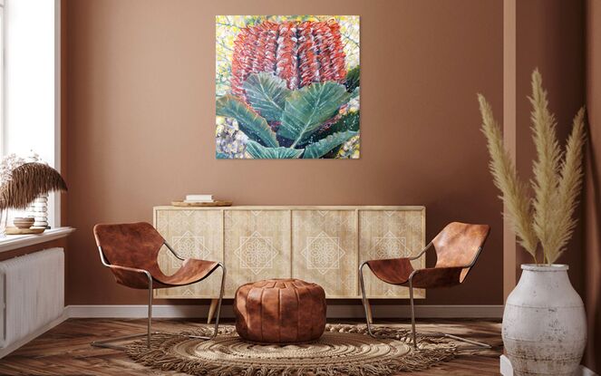 Outshine The Light - Scarlet Banksia and Wattle
71 x 71 x 3.75 cm
09/05/2024
By HSIN LIN
<br>
Artist Acrylic on Acid-free canvas. Painted with palette knife and brushes.
Sealed with clear spray varnish. Side panels painted.
Signed at the front and ready to hang.
Comes with a certificate of authenticity.
<br>
Affirmation: Hope is the light, let there be light.
<br>
To experience the seasons, it has become a routine of mine to paint the first bloom around my surroundings, during its flowering season. This artwork was inspired by a day trip to Sassafras, Victoria. This beautiful Scarlet Banksia lay on top of a bunch of wattle caught my attention.
<br>
Banksia coccinea, native to Western Australia, also known as the scarlet banksia, waratah banksia or Albany banksia, is an erect shrub or small tree in the family Proteaceae. Banksia coccinea plants are killed by bushfire and regenerate from seed.
Banksia symbolizes rebirth and new beginnings. To move on from the past courageously, to have the strength to look forward to tomorrow.
Wattle flower – the symbol of life, renewal and potential. The green and gold are the national colours of Australia, first used in 1899.
<br>
All the native blossoms bloom gloriously like a warming sun. Therefore, I have the title - Outshine the Light, for this particular artwork.
<br>
Flowers always bloom in their own time without competing with other flowers. May we all bloom in our time in the best season. Hope you enjoy this artwork of mine.
- WILD BOTANICAL ABSTRACT SERIES BY HSIN LIN-
Artwork inspired by nature in Dandenong Ranges, Australia, Autumn 2024. -HSIN LIN
<br>
[Solo Exhibition]
-2 -  30 June 2024 - HSIN LIN Solo Exhibition - The First Bloom - at Mackley gallery, Victorian Artists Society.