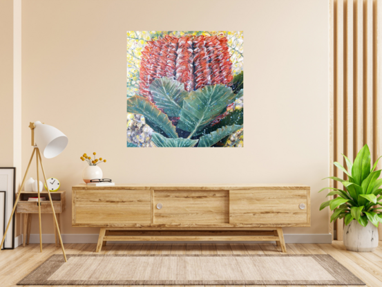 Outshine The Light - Scarlet Banksia and Wattle
71 x 71 x 3.75 cm
09/05/2024
By HSIN LIN
<br>
Artist Acrylic on Acid-free canvas. Painted with palette knife and brushes.
Sealed with clear spray varnish. Side panels painted.
Signed at the front and ready to hang.
Comes with a certificate of authenticity.
<br>
Affirmation: Hope is the light, let there be light.
<br>
To experience the seasons, it has become a routine of mine to paint the first bloom around my surroundings, during its flowering season. This artwork was inspired by a day trip to Sassafras, Victoria. This beautiful Scarlet Banksia lay on top of a bunch of wattle caught my attention.
<br>
Banksia coccinea, native to Western Australia, also known as the scarlet banksia, waratah banksia or Albany banksia, is an erect shrub or small tree in the family Proteaceae. Banksia coccinea plants are killed by bushfire and regenerate from seed.
Banksia symbolizes rebirth and new beginnings. To move on from the past courageously, to have the strength to look forward to tomorrow.
Wattle flower – the symbol of life, renewal and potential. The green and gold are the national colours of Australia, first used in 1899.
<br>
All the native blossoms bloom gloriously like a warming sun. Therefore, I have the title - Outshine the Light, for this particular artwork.
<br>
Flowers always bloom in their own time without competing with other flowers. May we all bloom in our time in the best season. Hope you enjoy this artwork of mine.
- WILD BOTANICAL ABSTRACT SERIES BY HSIN LIN-
Artwork inspired by nature in Dandenong Ranges, Australia, Autumn 2024. -HSIN LIN
<br>
[Solo Exhibition]
-2 -  30 June 2024 - HSIN LIN Solo Exhibition - The First Bloom - at Mackley gallery, Victorian Artists Society.