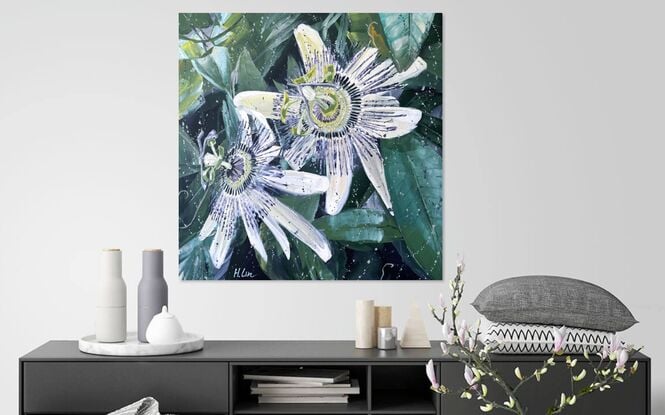 Chasing The Sun - Bluecrown Passionflower (Passiflora Caerulea)
71 x 71 x 3.75 cm
20/06/2024
By HSIN LIN
<br>
Artist Acrylic on Acid-free canvas. 
Sealed with clear spray varnish. Side panels painted.
Signed at the front and ready to hang.
Comes with a certificate of authenticity.
<br>
Affirmation: Climb higher, until we reach the top.
<br>
To experience the changing of the seasons and to present moments, it has become a routine of mine to paint the first bloom in my surroundings during its flowering season. This artwork is inspired by the Passion Vine that I spotted in my neighbourhood close to my art studio.
I was fascinated by those interesting fringed petals and splendorous tendrils; the white petals shone bright like precious gems under the sunshine.
<br>
Fun Fact of these unusual blossoms - Passion Flower Essence is used to purify and strengthen one’s connection to unconditional love even nowadays.
A Truly Special and Symbolic Gift- Passion Flower, was named by Roman Catholic priests In the 15th and 16th centuries for the Passion of Jesus Christ. Old sayings were that the flower's five petals and five-petallike sepals represented the 10 faithful apostles. As for the circle of filaments in the centre of the  blossom, it stands for the Crown of Thorns.
<br>
Flowers always bloom in their own time without competing with other flowers. May we all bloom in our time in the best season. I hope you enjoy this artwork of mine.
Artwork inspired by nature in Melbourne, Winter, 2024. -HSIN LIN