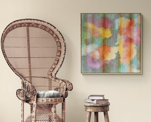 pastel background with splashes of vermilion, gold, pink and green covered in small brush strokes in a veneer covering the canvas in pale greens, peach, cream and lemons, creating a calming and meditative large scale work.