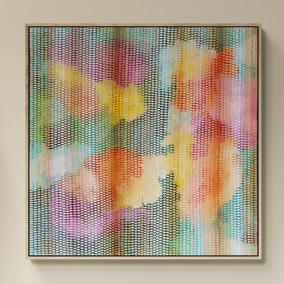 pastel background with splashes of vermilion, gold, pink and green covered in small brush strokes in a veneer covering the canvas in pale greens, peach, cream and lemons, creating a calming and meditative large scale work.