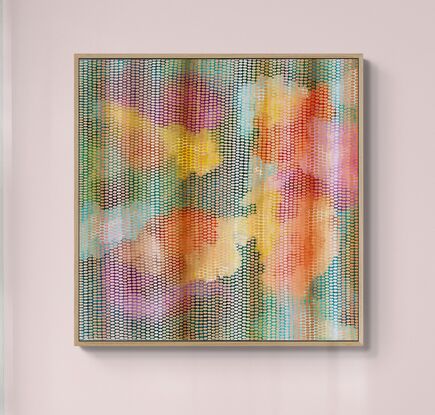 pastel background with splashes of vermilion, gold, pink and green covered in small brush strokes in a veneer covering the canvas in pale greens, peach, cream and lemons, creating a calming and meditative large scale work.