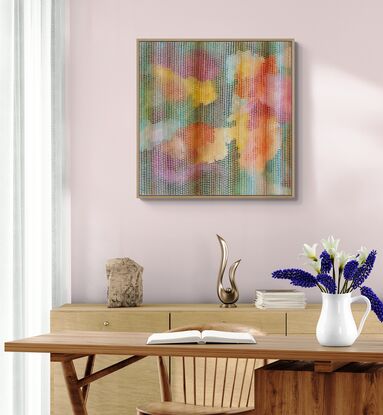 pastel background with splashes of vermilion, gold, pink and green covered in small brush strokes in a veneer covering the canvas in pale greens, peach, cream and lemons, creating a calming and meditative large scale work.