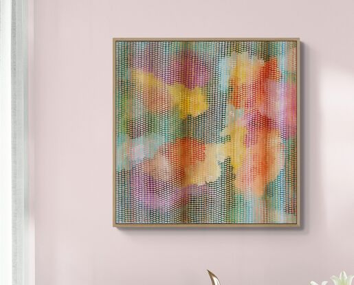 pastel background with splashes of vermilion, gold, pink and green covered in small brush strokes in a veneer covering the canvas in pale greens, peach, cream and lemons, creating a calming and meditative large scale work.