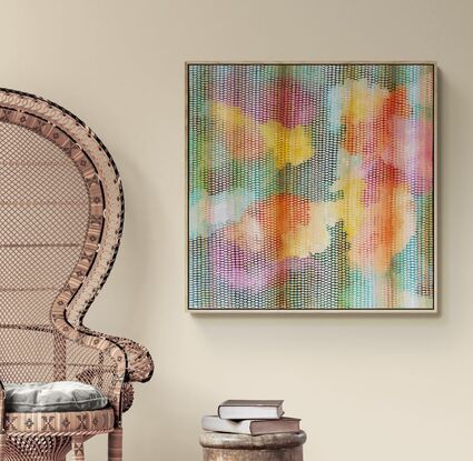 pastel background with splashes of vermilion, gold, pink and green covered in small brush strokes in a veneer covering the canvas in pale greens, peach, cream and lemons, creating a calming and meditative large scale work.