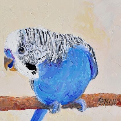 A textured oil painting of two blue budgerigars perched on a branch and gossiping about their friends! One has his back to the viewer and the other facing front and downwards.