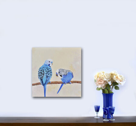 A textured oil painting of two blue budgerigars perched on a branch and gossiping about their friends! One has his back to the viewer and the other facing front and downwards.