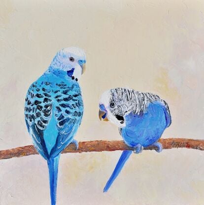 A textured oil painting of two blue budgerigars perched on a branch and gossiping about their friends! One has his back to the viewer and the other facing front and downwards.