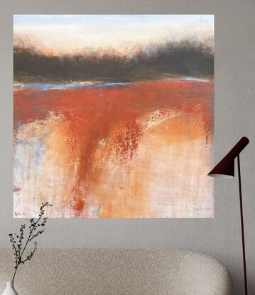 An abstract landscape in red, burnt orange and black hues with a pale sky, dark bush covered mountains with cobalt lines representing water and a burnt orange landscape below with hints of cobalt blue and white.
