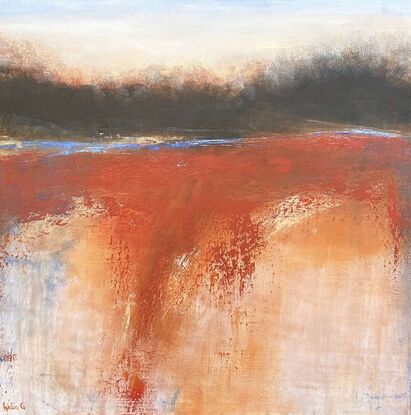 An abstract landscape in red, burnt orange and black hues with a pale sky, dark bush covered mountains with cobalt lines representing water and a burnt orange landscape below with hints of cobalt blue and white.
