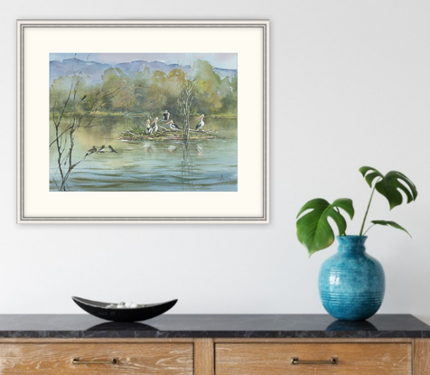 Watercolour painting of a lake, billabong with pelicans, birds, trees and escarpment in the background.