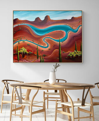 Dreams under a summer sun is a colourful earthy whimsical abstract landscape painting with hills in the horizon and  winding teal blue river over the cans and pencil pine trees scattered.


