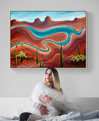 Dreams under a summer sun is a colourful earthy whimsical abstract landscape painting with hills in the horizon and  winding teal blue river over the cans and pencil pine trees scattered.


