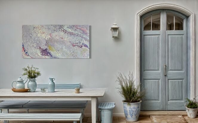 A fluid art painting titled “Lavender Mists” by Laura Anderson. The piece features soft, swirling shades of lavender, blush, pale gold, and subtle hints of blue. The abstract patterns resemble flowing mists, creating an ethereal and tranquil atmosphere with organic textures and fluid movements across the canvas.