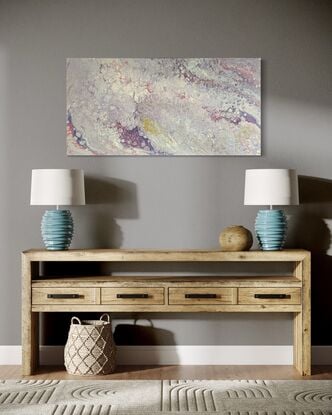 A fluid art painting titled “Lavender Mists” by Laura Anderson. The piece features soft, swirling shades of lavender, blush, pale gold, and subtle hints of blue. The abstract patterns resemble flowing mists, creating an ethereal and tranquil atmosphere with organic textures and fluid movements across the canvas.