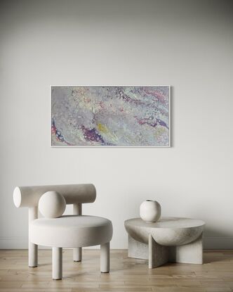 A fluid art painting titled “Lavender Mists” by Laura Anderson. The piece features soft, swirling shades of lavender, blush, pale gold, and subtle hints of blue. The abstract patterns resemble flowing mists, creating an ethereal and tranquil atmosphere with organic textures and fluid movements across the canvas.