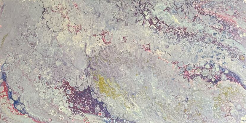 A fluid art painting titled “Lavender Mists” by Laura Anderson. The piece features soft, swirling shades of lavender, blush, pale gold, and subtle hints of blue. The abstract patterns resemble flowing mists, creating an ethereal and tranquil atmosphere with organic textures and fluid movements across the canvas.