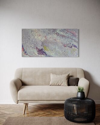 A fluid art painting titled “Lavender Mists” by Laura Anderson. The piece features soft, swirling shades of lavender, blush, pale gold, and subtle hints of blue. The abstract patterns resemble flowing mists, creating an ethereal and tranquil atmosphere with organic textures and fluid movements across the canvas.