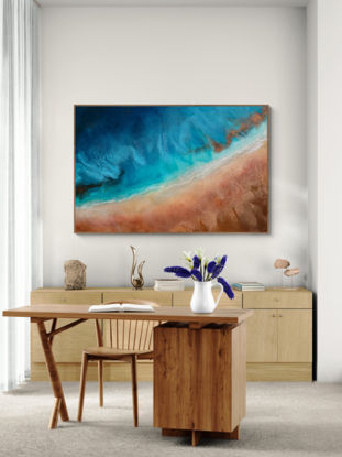 Textured aerial view inspired by a crystal clear beach and surfer.