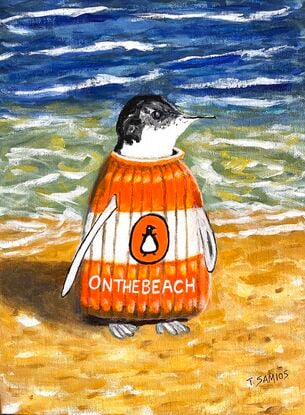 A solitary penguin, wearing a knitted orange and white jumper resembling a Penguin Classic book, features the title "On The Beach" inspired by Neville Shute's novel. This lone penguin stands at the shoreline, perfectly embodying the playful wordplay of being "on the beach."