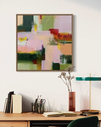 colourful abstract art in pink, peach and greens inspired by fields of flowers