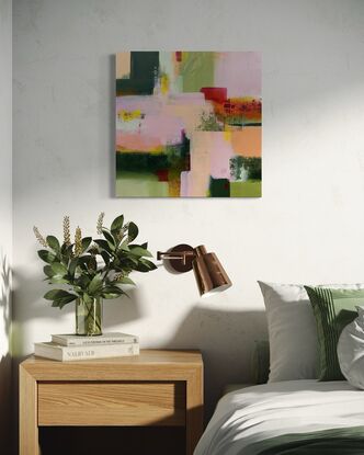 colourful abstract art in pink, peach and greens inspired by fields of flowers