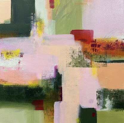 colourful abstract art in pink, peach and greens inspired by fields of flowers