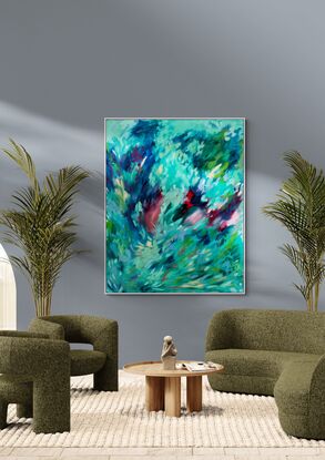 Deep greens and blues, with hints of coral and rocks, covered in a veneer of lighter ocean coloured brush strokes, in a Rhythmic composition, emulating the movement of the ocean.