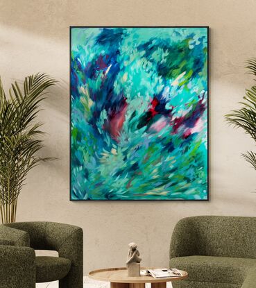 Deep greens and blues, with hints of coral and rocks, covered in a veneer of lighter ocean coloured brush strokes, in a Rhythmic composition, emulating the movement of the ocean.