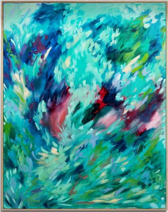 Deep greens and blues, with hints of coral and rocks, covered in a veneer of lighter ocean coloured brush strokes, in a Rhythmic composition, emulating the movement of the ocean.