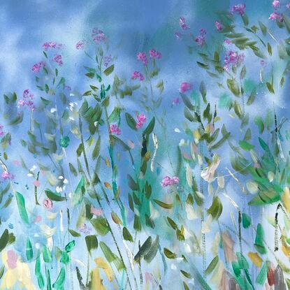 A colourful painting of flowers. Energetic and textural.