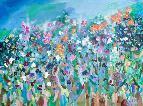 A colourful painting of flowers in a cottage garden. Energetic and textural.