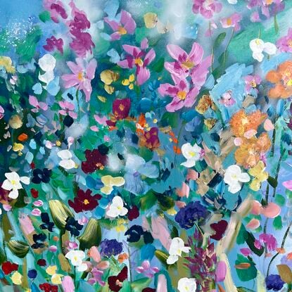 A colourful painting of flowers in a cottage garden. Energetic and textural.