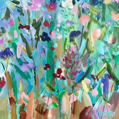 A colourful painting of flowers in a cottage garden. Energetic and textural.