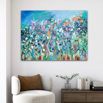 A colourful painting of flowers in a cottage garden. Energetic and textural.