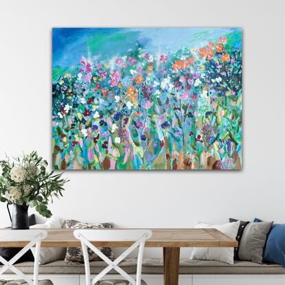 A colourful painting of flowers in a cottage garden. Energetic and textural.