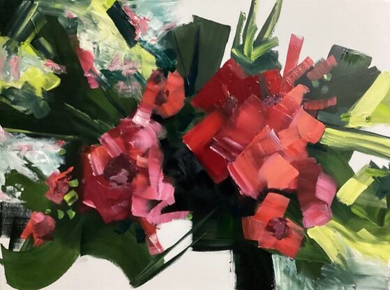 Red plum and Peach combined the a variety of green shades. An abstract Floral. suited to Home or Office.