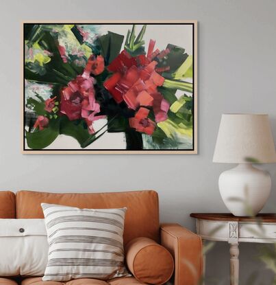 Red plum and Peach combined the a variety of green shades. An abstract Floral. suited to Home or Office.