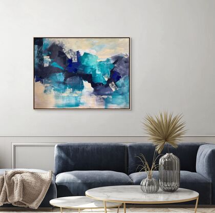 abstract piece with Shades of blue and lots of texture. Bold strong and ready to brighten the room