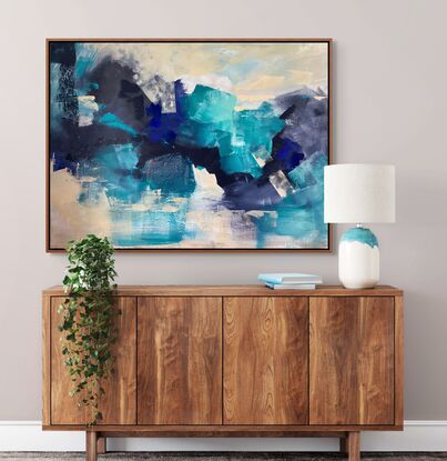 abstract piece with Shades of blue and lots of texture. Bold strong and ready to brighten the room