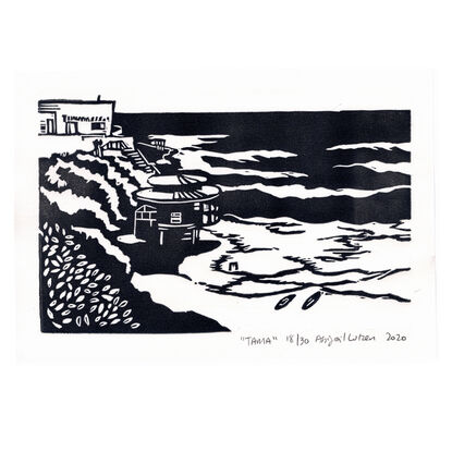 A linocut print depicting the beautiful tamarama beach. 