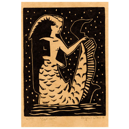 Linocut print of zodiac sign Capricorn.