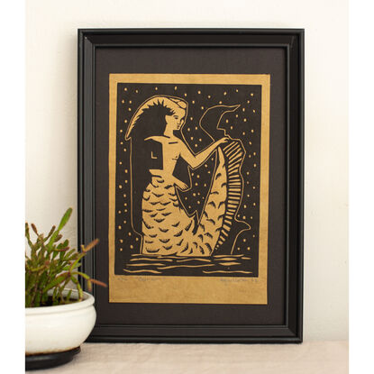 Linocut print of zodiac sign Capricorn.