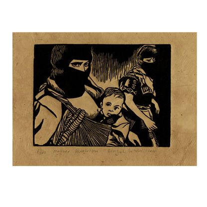 A linocut print depicting the Mother Revolution which is a tribute to Comandante Ramona